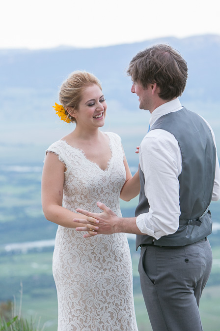 Sunset wedding photograph outside the Couloir restaurant at the top of Jackson Hole Mountain Resort taken by Jackson Hole wedding photographer Hannah Hardaway