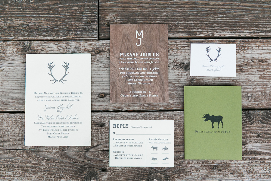 Jaimie + Miles's fun wedding invites (think "woodsy, rustic, and western") designed by the very talented Cara Rank at XOWYO paper and press (located locally right here in Jackson Hole!) were featured on Oh So Beautiful Paper last week.  